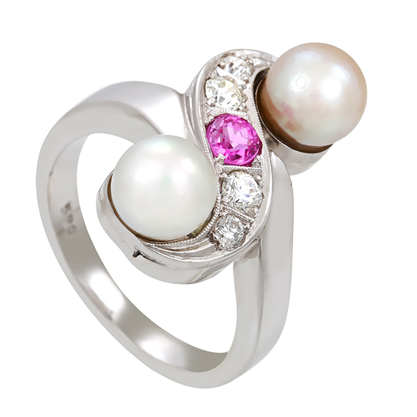 Ring, 14K, Weißgold, Perlen, Diamanten, Rubin