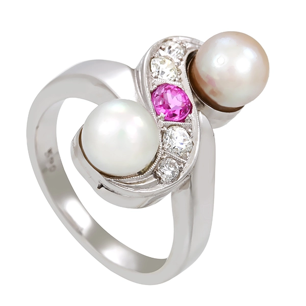 Ring, 14K, Weißgold, Perlen, Diamanten, Rubin