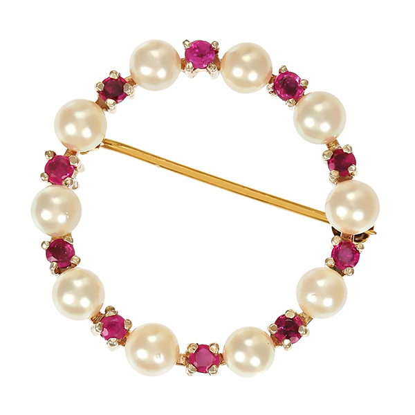 Brosche, 14K, Gelbgold, Perlen, Rubine