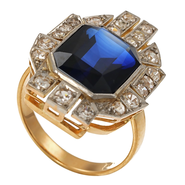 Ring, 14K, Gelb-/Weißgold, synth. Saphir, Diamanten