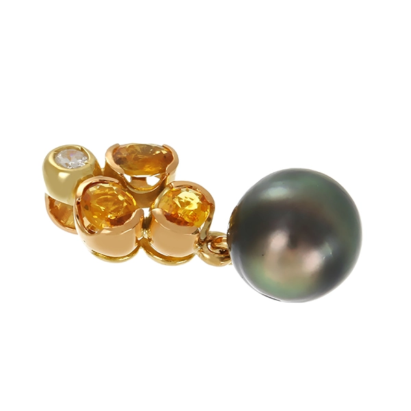 Anhänger, 14K, Gelbgold, Tahitiperle, Brillant, Saphire