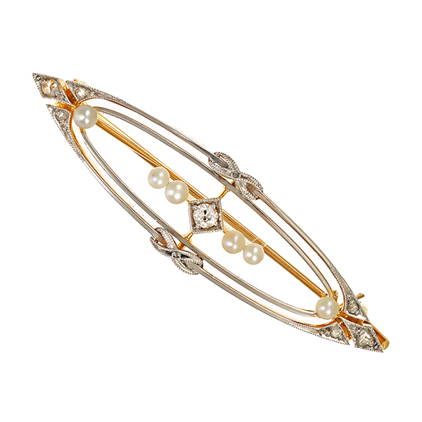 Brosche, 14K, Gelb-/Weißgold, Dia.rosen, Perlen, ArtDeco