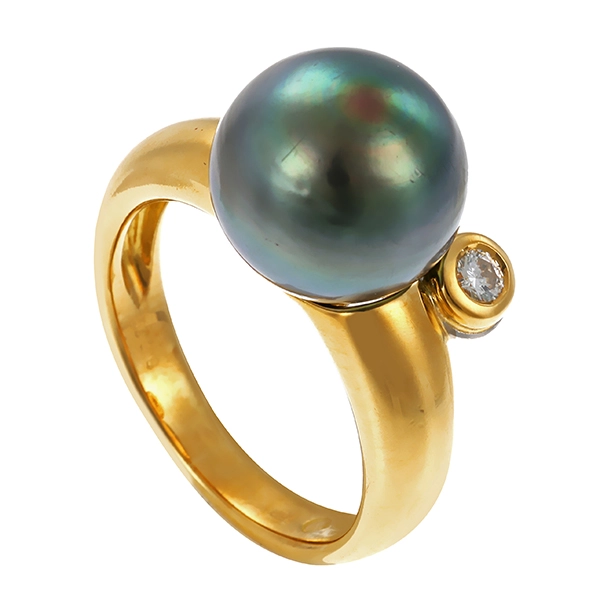 Ring, 18K, Gelbgold, Perle, Brillant