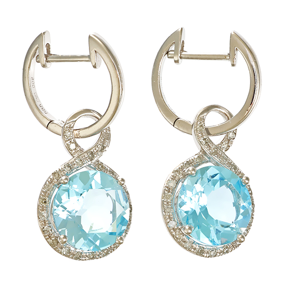 Einhängercreolen, 9K, Weißgold, Topas, Diamant