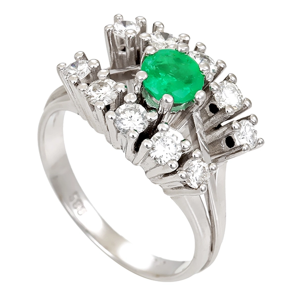 Ring, 14K, Weißgold, Smaragd, Brillanten 0,66ct