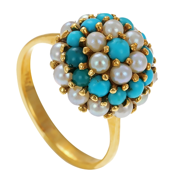 Ring, 18K, Gelbgold, Türkis, Perlen