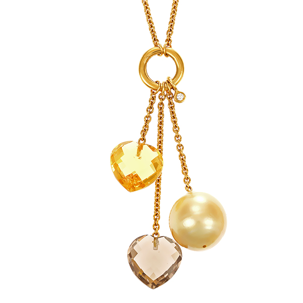 Collier,18K, Gelbgold, Perle, Quarz, Brillant, Citrin