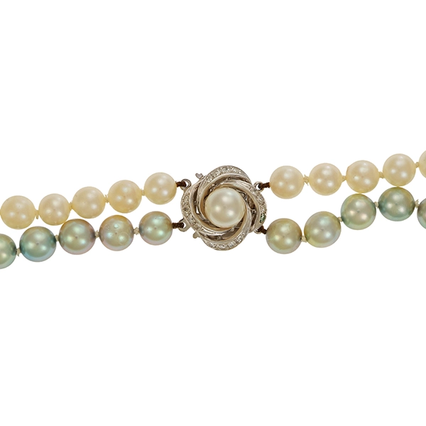Perlenkette, 14K, Weißgold, Perlen, Diamanten