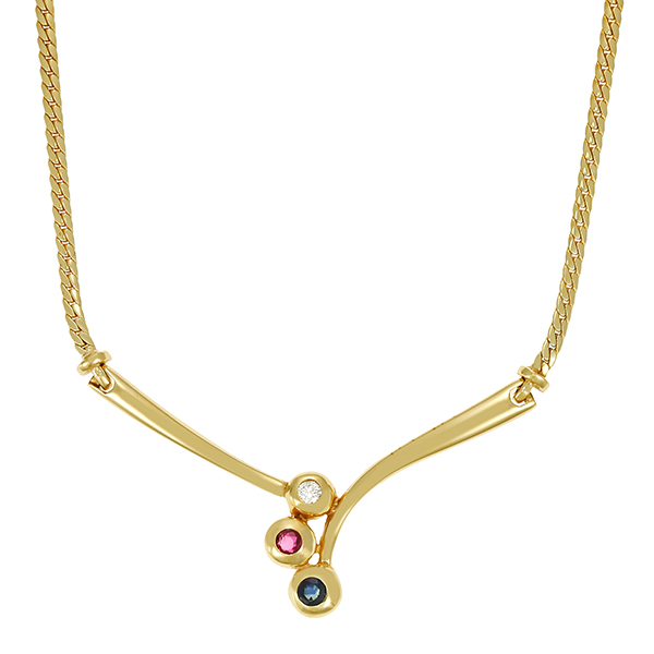 Collier, 14K, Gelbgold, Brillant, Rubin, Saphir