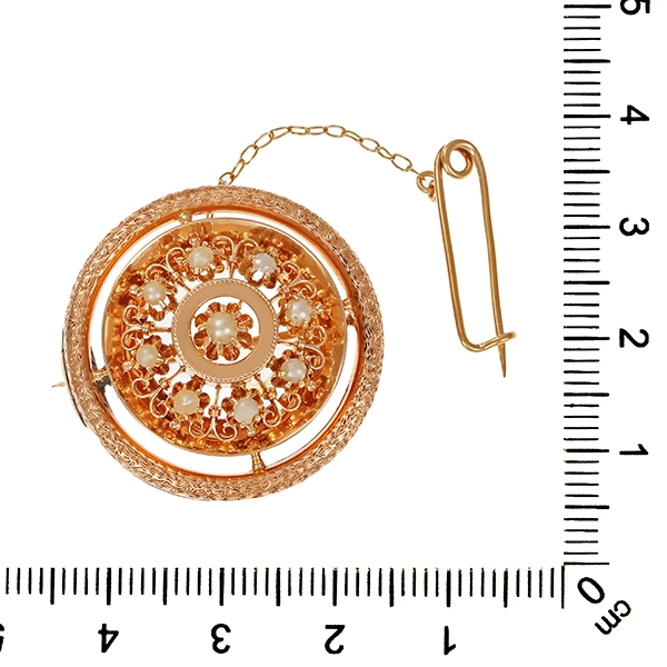 Brosche, 500, Rotgold, Perlen