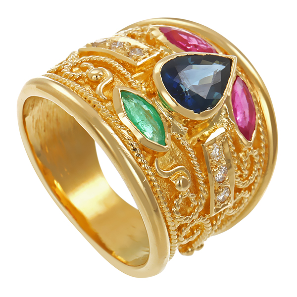 Ring, 18K, Gelbgold, Brillanten, Farbsteine 