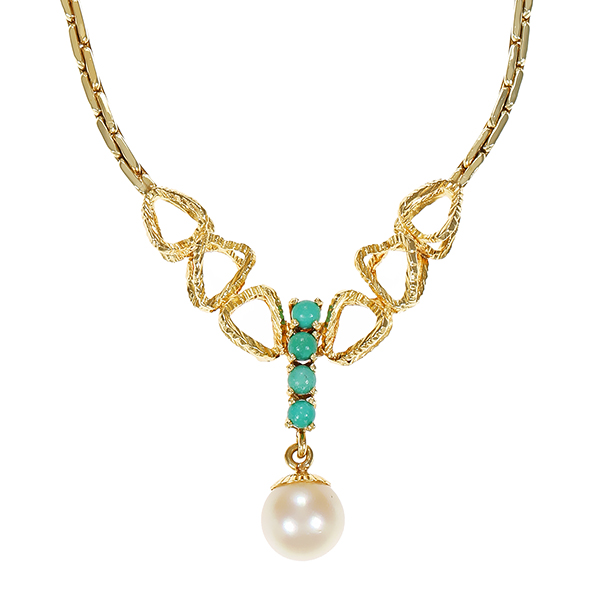 Collier, 14K, Gelbgold, Perle, Türkis 