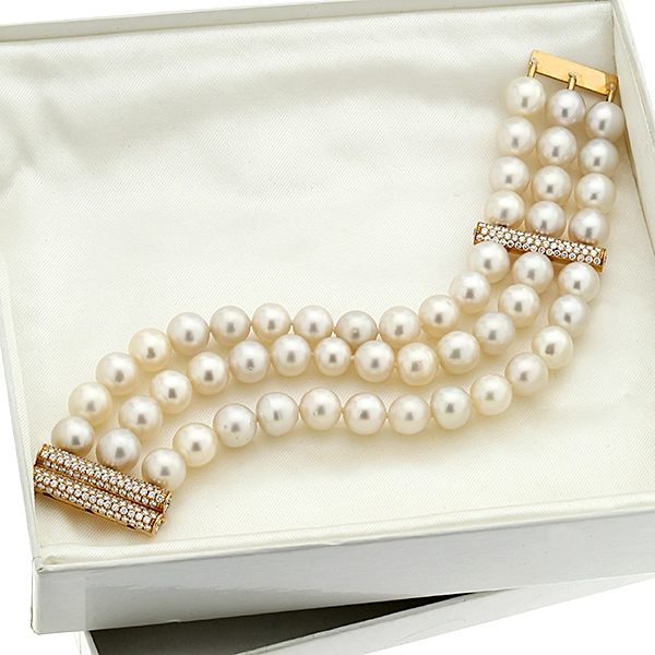 Perlenarmband, Schliesse 18K, Gelbgold, Brillanten
