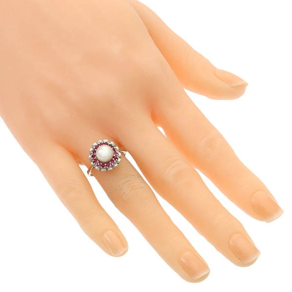 Ring, 18K, Weißgold, Perle, Rubine