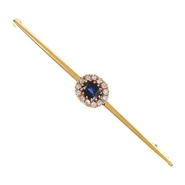 Brosche, 14K, Gelbgold, Saphir, Diamanten