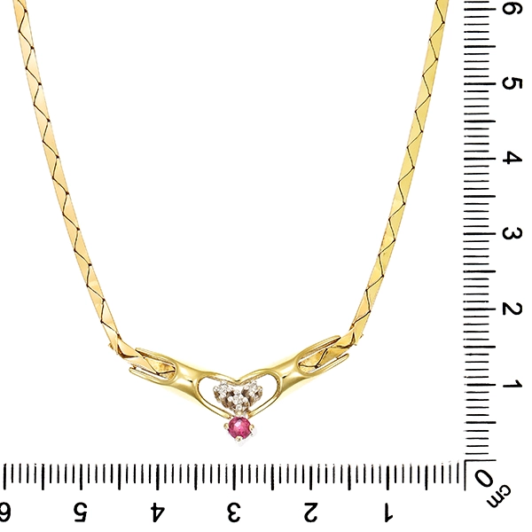 Collier, 14K, Gelbgold, Rubin, Diamanten