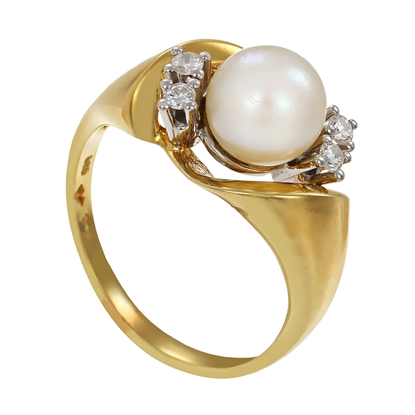 Ring, 14K, Gelbgold, Perle, Brillanten 0,16 ct