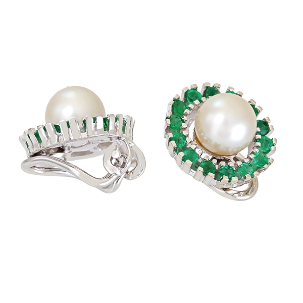 Ohrclipse, 14K, Weißgold, Perlen, Smaragde
