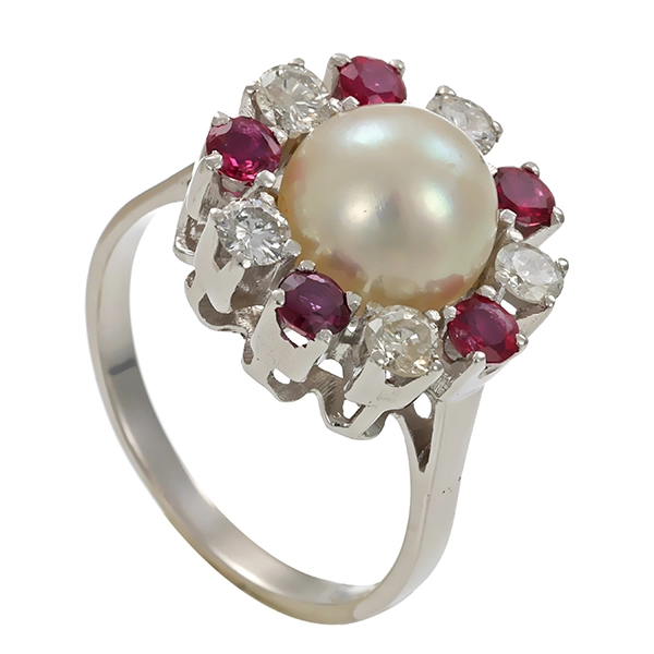 Ring, 14K, Weißgold, Perle, Brillanten, Rubine