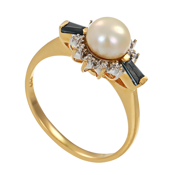 Ring, 18K, Gelb-/Weißgold, Perle, Saphire, Diamanten