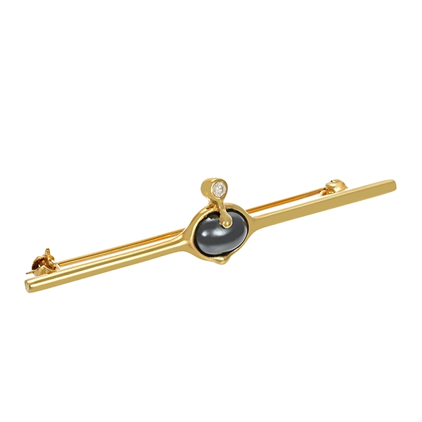 Brosche, 14K, Gelbgold, Haematit, Brillant