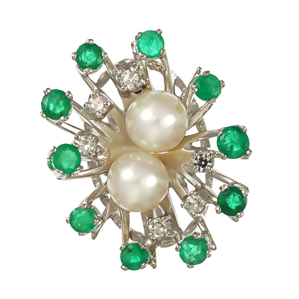 Verkürzer, 14K, Weißgold, Diamanten, Perle, Smaragde