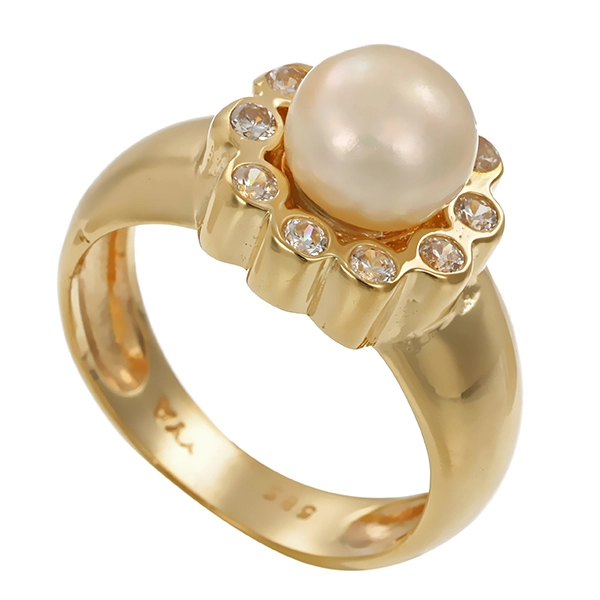 Ring, 14K, Gelbgold, Perle, Zirkonia