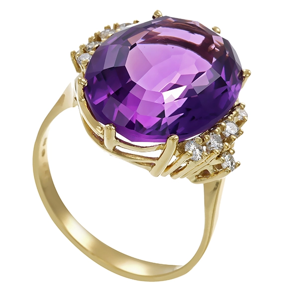 Ring, 14K, Gelbgold, 1 Amethyst, 10 Brillanten