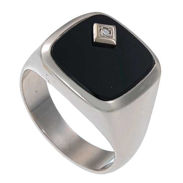 Herrenring, 14K, Weißgold, Onyx, Diamant