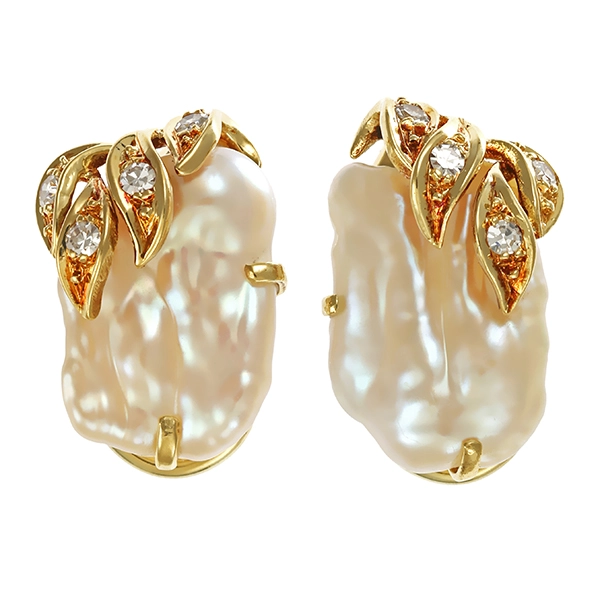 Clip-Stecker, 14K, Gelbgold, Perlen, Diamanten