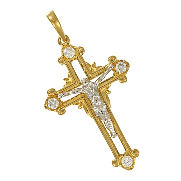 Anhänger, 14K, Gelb-/Weißgold, Zirkonia, Kruzifix, Kreuz