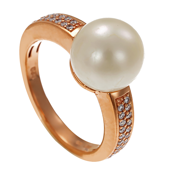 Ring, 14K, Rotgold, Perle, Brillanten 0,20 ct