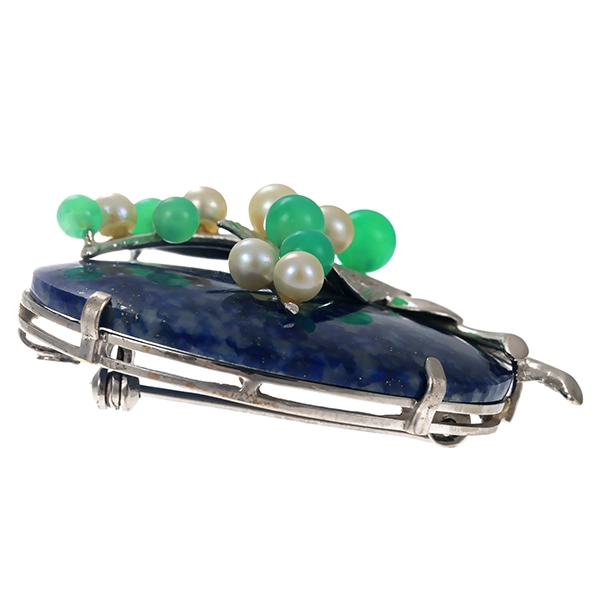 Brosche, 14K, Weißgold, Lapis, Perlen, Chrysoprase