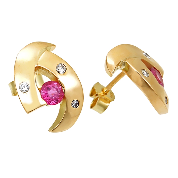 Ohrstecker, 14K, Gelbgold, Rubine, Brillanten
