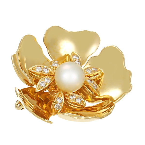 Brosche, 14K, Gelbgold, Zuchtperle, Brillanten