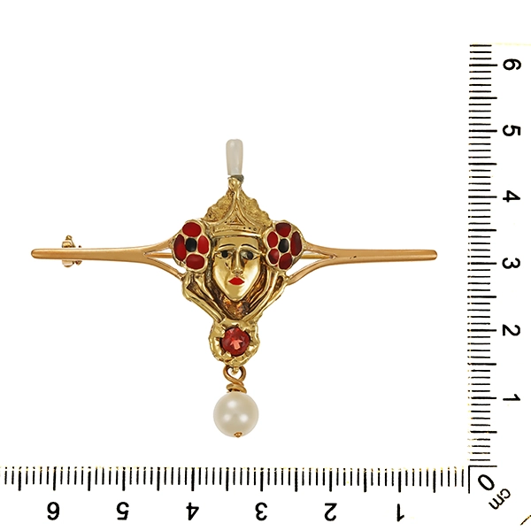 Brosche, 14K, Perlen, Granat, Perlen, Emaille