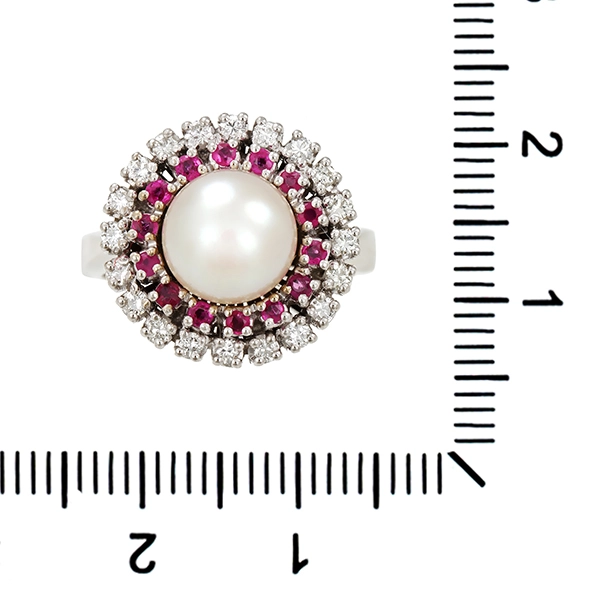 Ring, 14K, Weißgold, Perle, Rubine, Brillanten 0,40 ct
