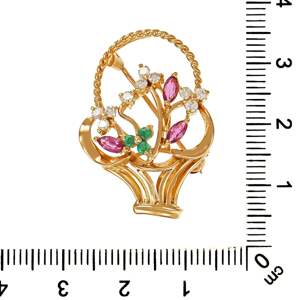 Brosche, 18K, Gelbgold, Brillant, Rubin, Smaragd