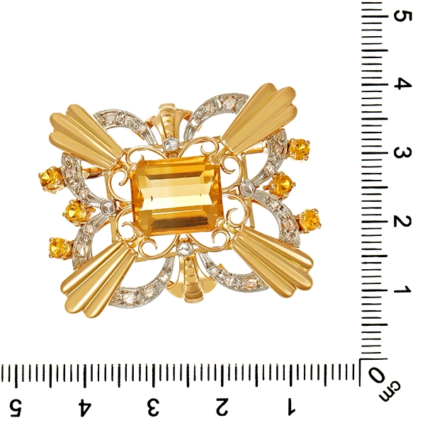 Brosche, 18K, Gelbgold, Citrin, Diamantrosen, Antikstil