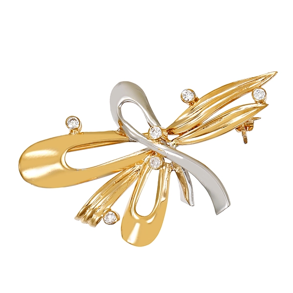 Brosche, 14K, Gelb-/Weißgold, Zirkonia
