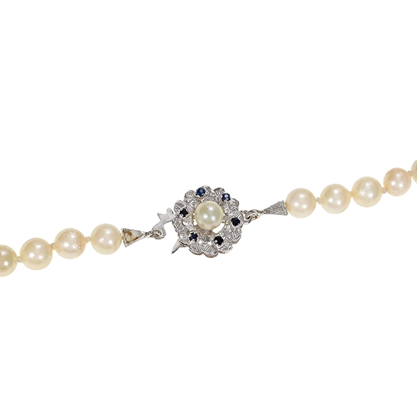 Perlenkette, 18K, Weißgold, Perlen, Saphir