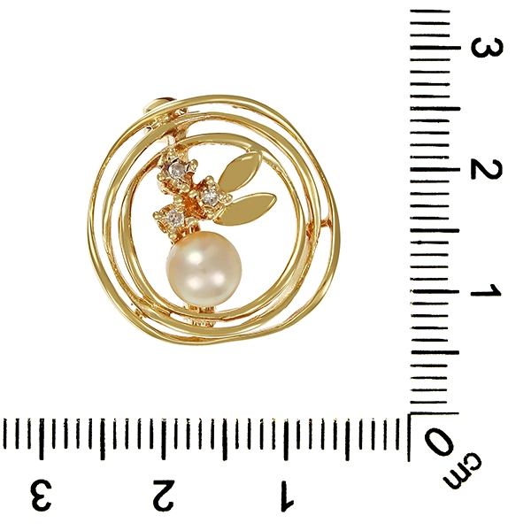 Brosche, 14K, Gelbgold, Diamant, Perle