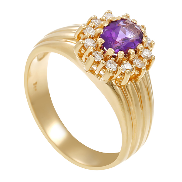 Ring, 14K, Gelbgold, Amethyst, Brillanten 0,24 ct