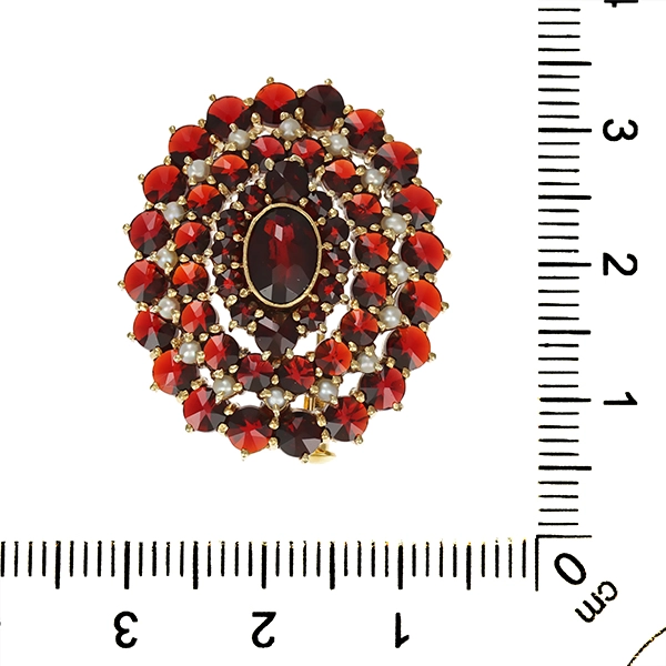 Brosche, 14K, Gelbgold, Granat, Perlen