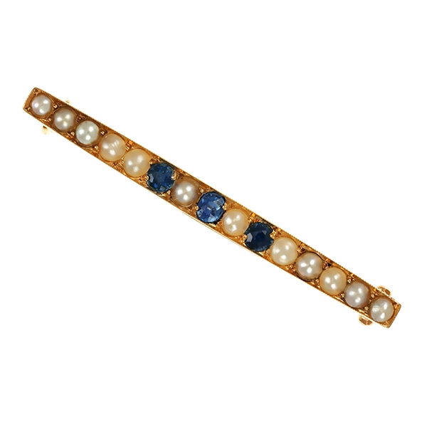 Brosche/Nadel, 14K, Gelbgold, Saphir, Perle