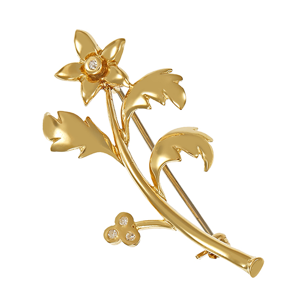 Brosche, 14K, Gelbgold, Diamanten, Blume
