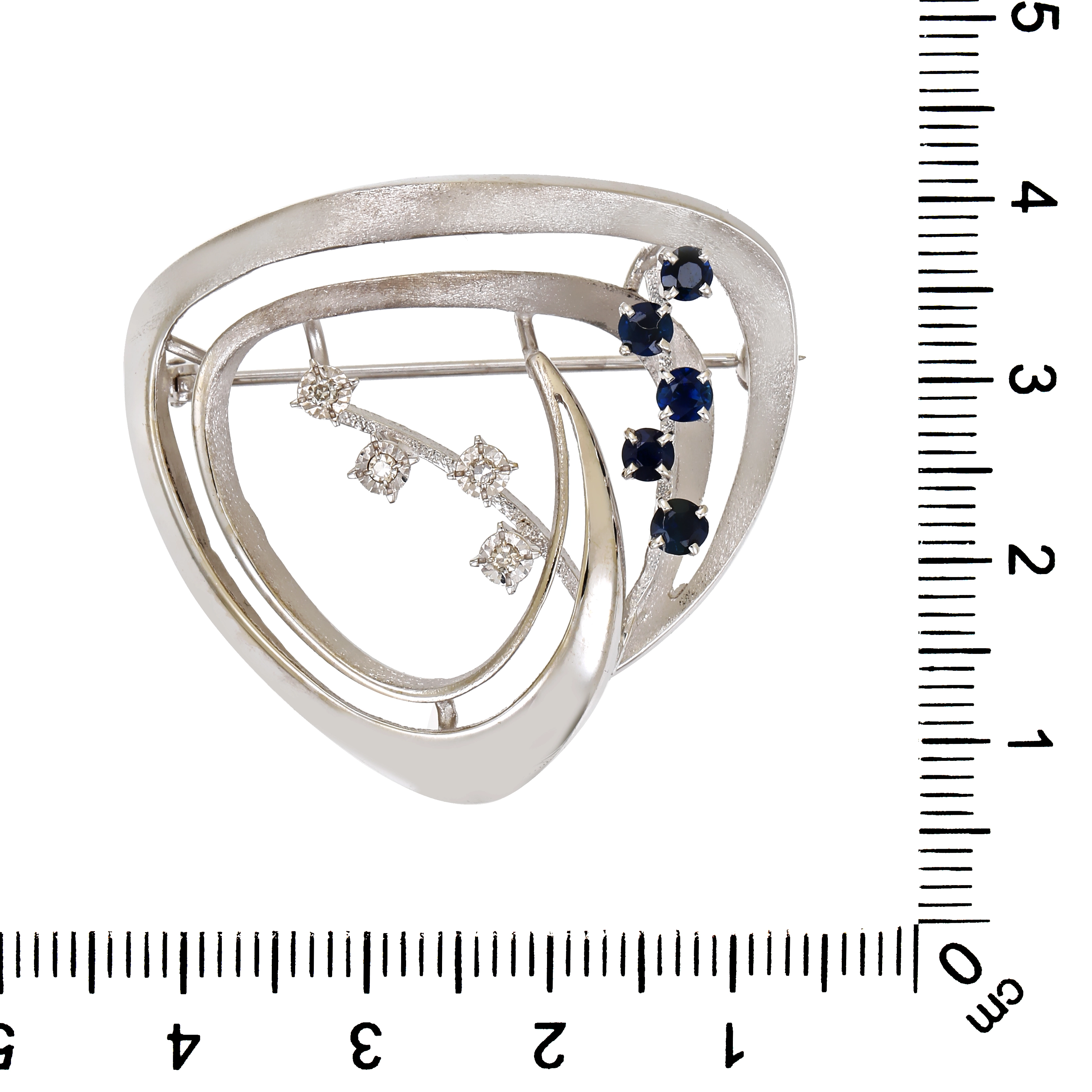 Brosche, 14K, Weißgold, Saphire, Diamanten