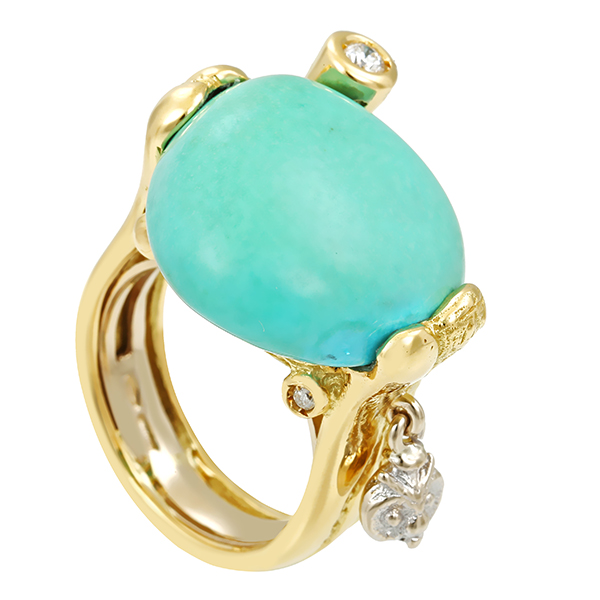 Ring, 18K, Gelbgold,. Türkis, Brillanten