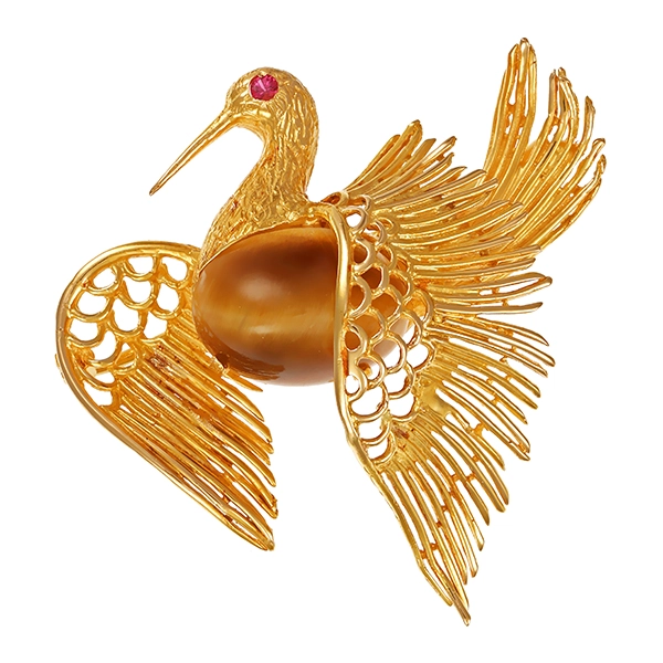 Brosche, 18K, Gelbgold, Tigerauge, Rubin