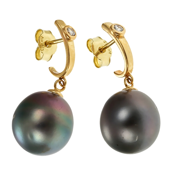 Steckhänger, 14K, Gelbgold, Zuchtperlen, Brillanten